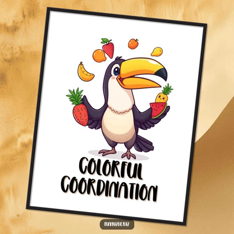 Funny Toucan Juggler Poster: Vibrant artwork of a comical toucan effortlessly juggling colorful fruits, adding a cheerful vibe.