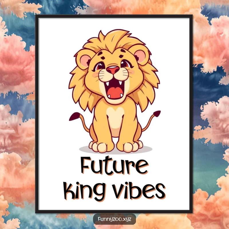 Funny lion cub poster depicting a determined young lion cub cub practicing its majestic roar, embodying courage and intensity.