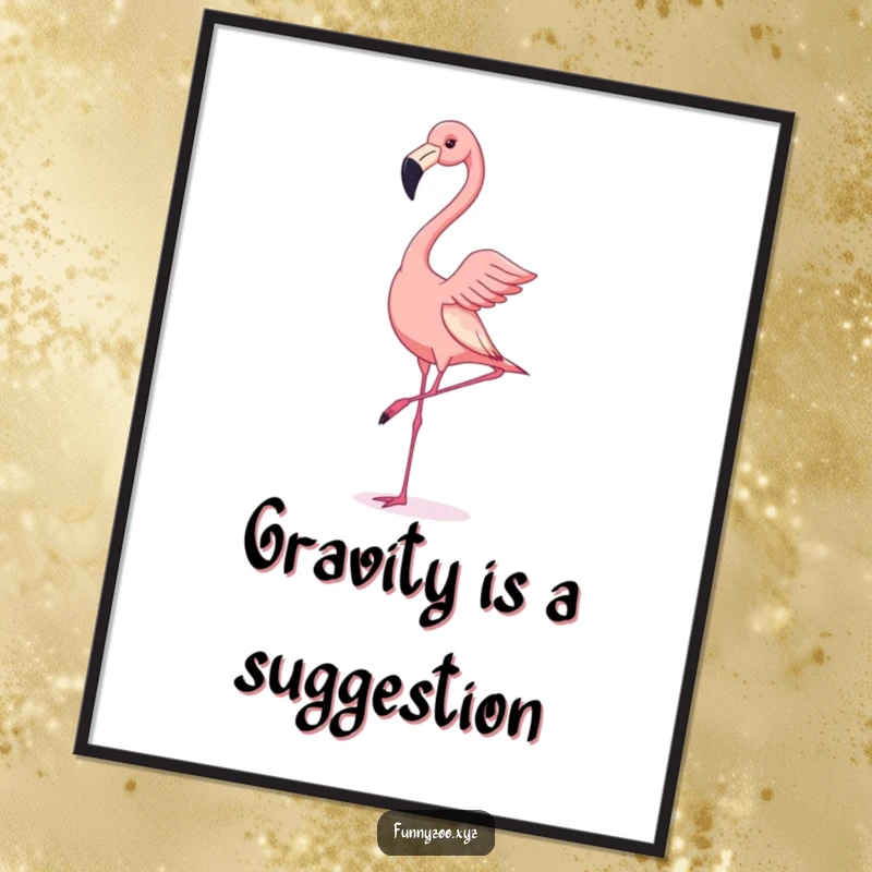 Funny poster art depicting a flamingo hilariously attempting a handstand, showing a comical display of balance and effort.