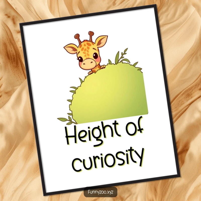 Funny cartoon giraffe peeking over a green bush, adding a touch of humor and curiosity to wall art.