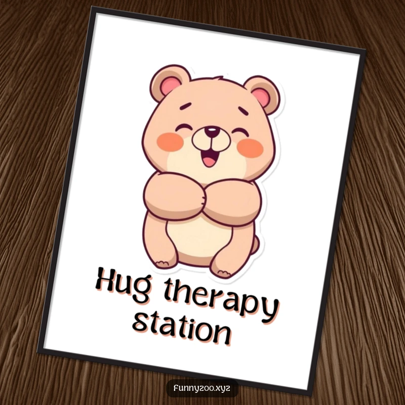 Funny cheerful bear poster, illustrating a bear giving a big, warm, and happy hug, bringing joy to any room.