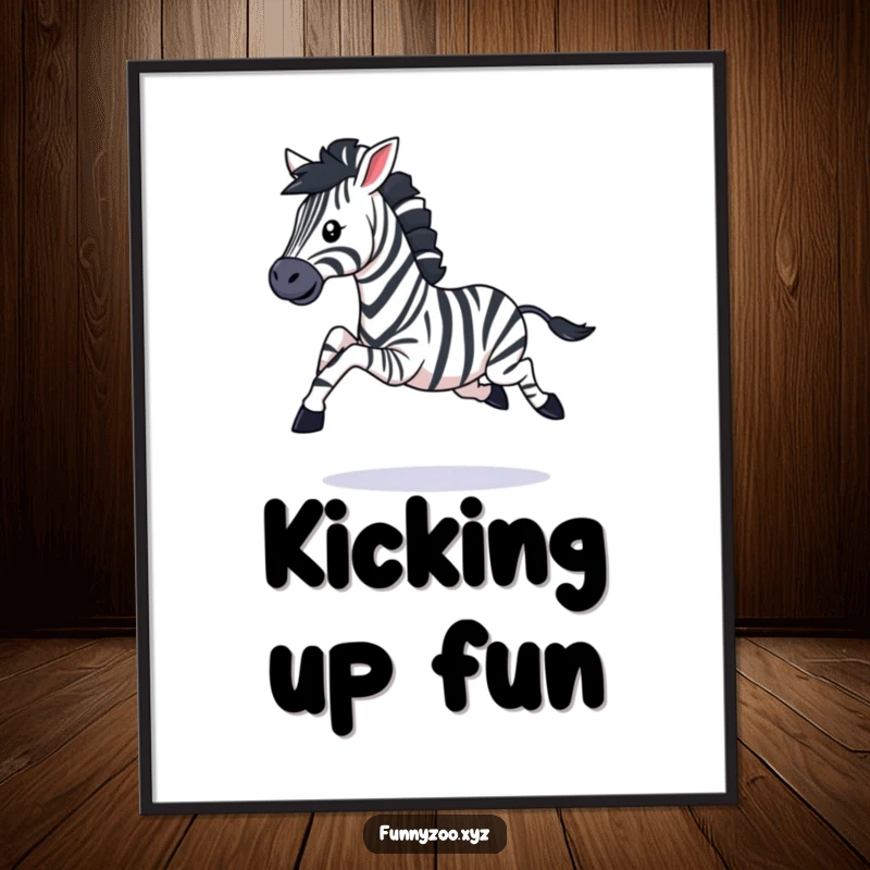Funny poster illustration of a playful zebra character galloping with legs kicking, capturing a dynamic moment of pure, uninhibited joy.