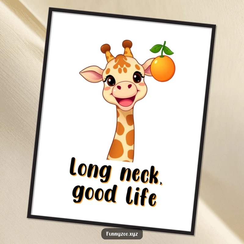 Funny poster of a cheerful giraffe with a wide grin, stretching its neck to grab a dangling, colorful piece of fruit.