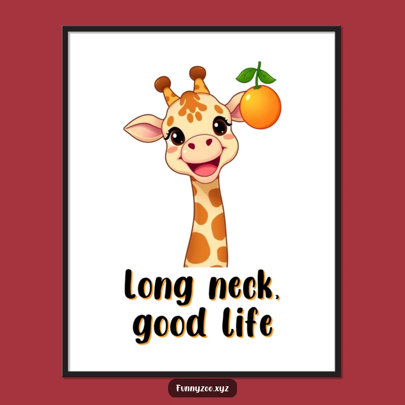 Funny Cheerful Giraffe Poster: Reach for Joy with Grinning Fruit-Loving Wall Art