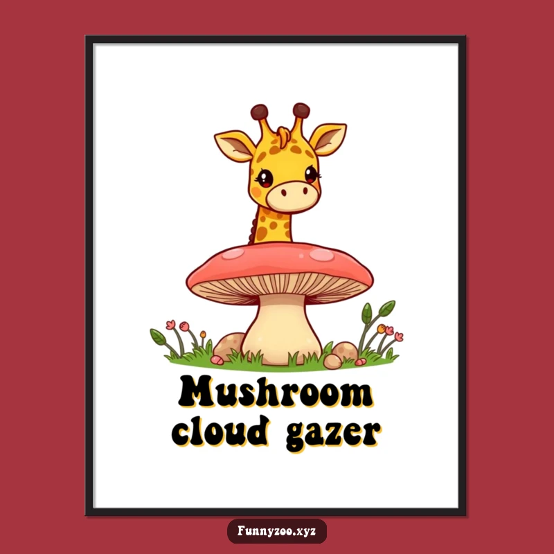 Funny Giraffe Mushroom Peek Poster: Whimsical Art for Cheerful Decor