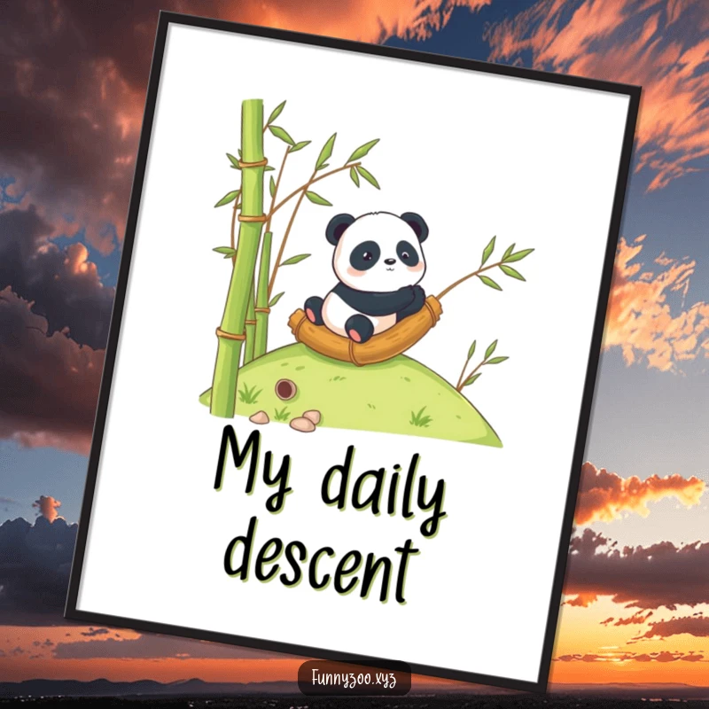 Funny Panda Poster: A curious panda joyfully ventures down a hill inside a bamboo stalk.