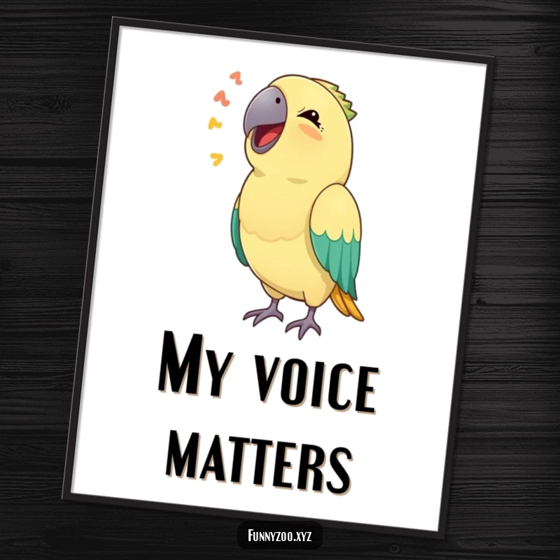 Funny poster art of a parrot in the midst of mimicking a funny sound, capturing a moment of avian comedy.