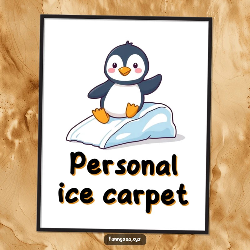 Funny Poster: Adorable penguin sliding down a miniature ice slide, a delightful and humorous winter-themed illustration.