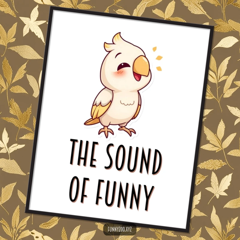 Funny parrot poster depicting a smiling bird character actively mimicking a funny, audible sound.