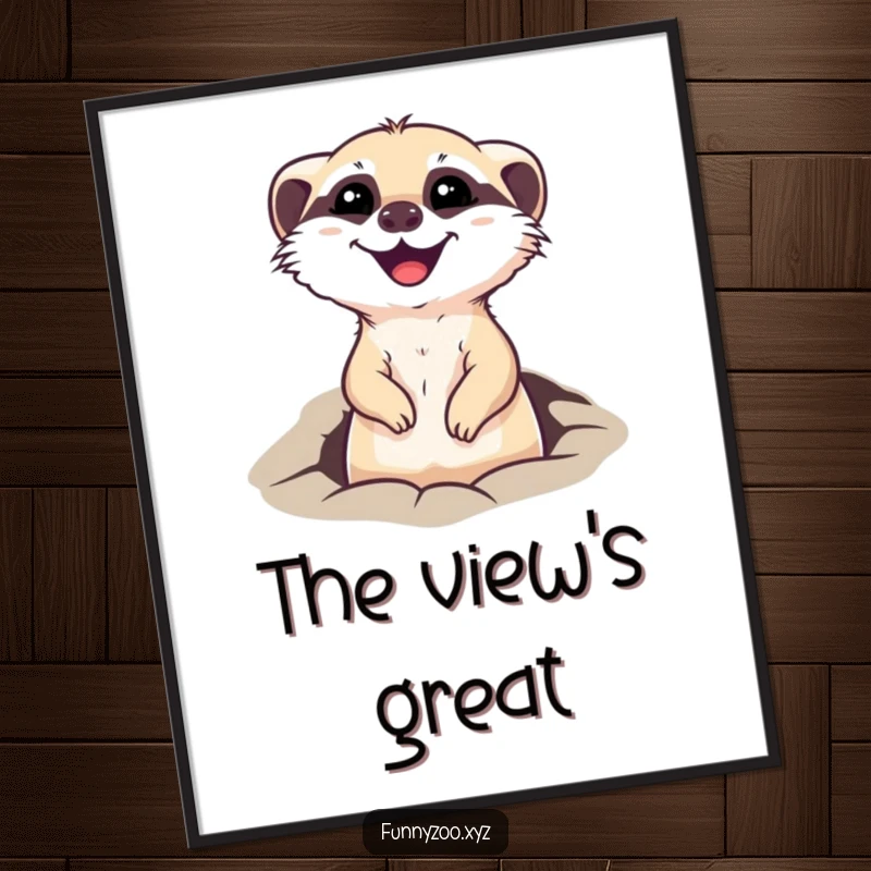 Funny poster illustration of a happy meerkat character popping its head out of a hole, radiating curiosity and cheerful vigilance.