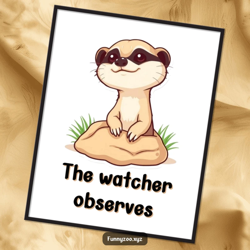 Funny curious meerkat poster, illustrating a meerkat popping its head out of a burrow, observing the world with interest.
