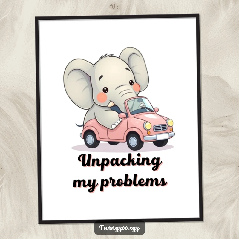 Funny poster art of a large elephant comically failing to occupy a very small car, a scene of pure, absurd humor.