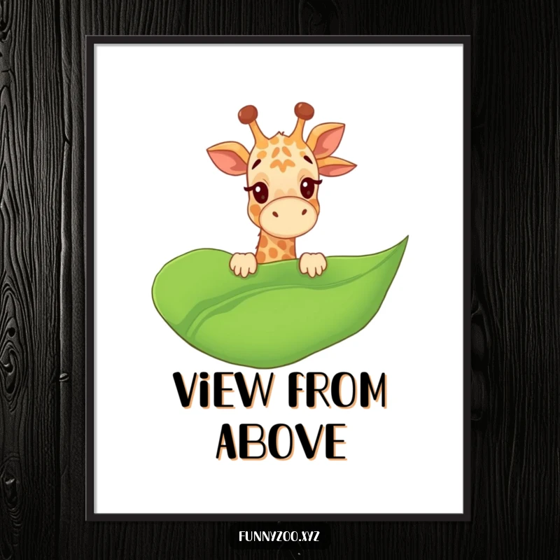 Funny Giraffe Giggle Poster peeking over a giant leaf, artwork full of cheer and jungle fun, a perfect funny gift.