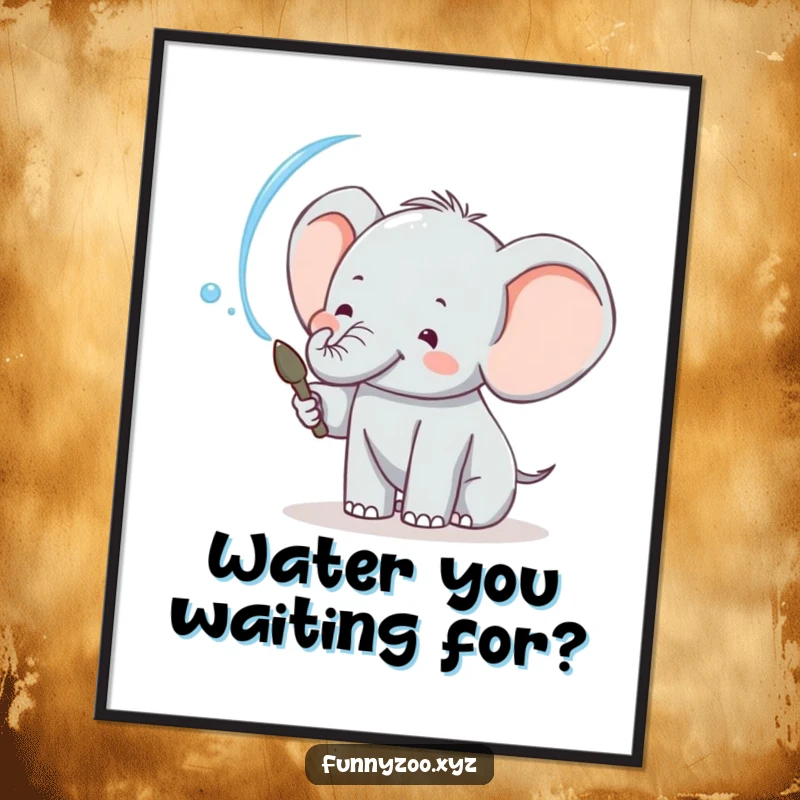 Funny elephant poster artwork featuring a cheerful character in mid-water spray, bringing a playful and artistic flair.