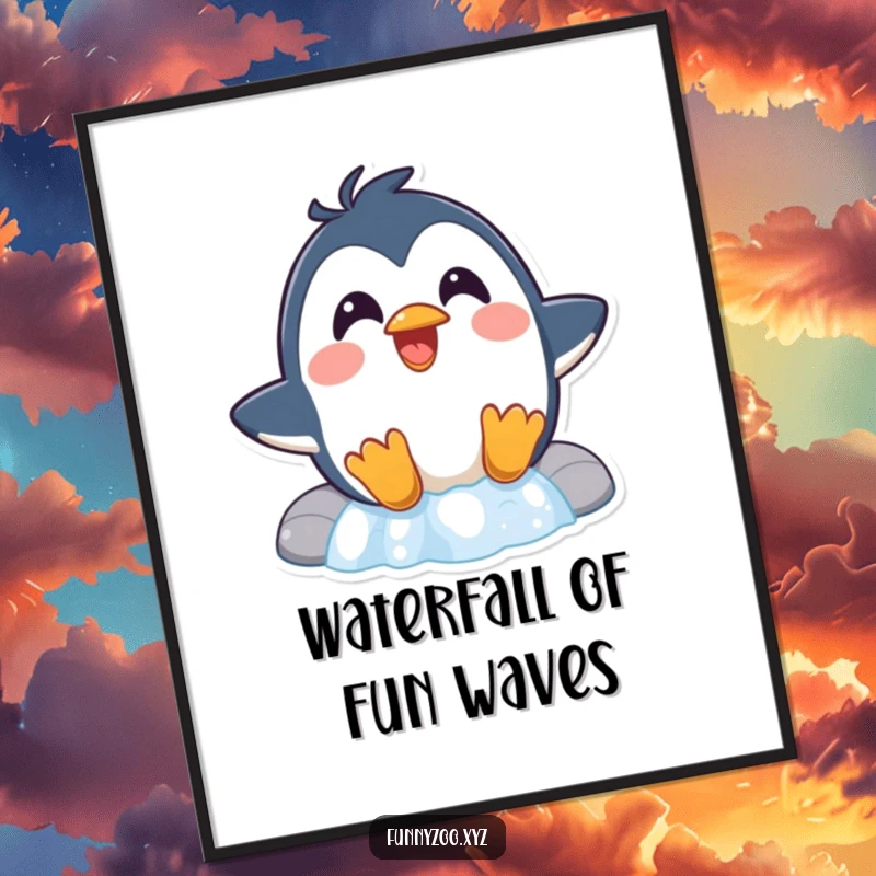 Funny Penguin Waterfall Poster a surprised penguin with slicked feathers laughs while sliding down a waterfall, adding a humorous and thrilling artistic touch.