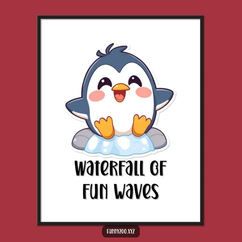 Funny Penguin Waterfall Poster A Surprised Sliding Bird Art Print