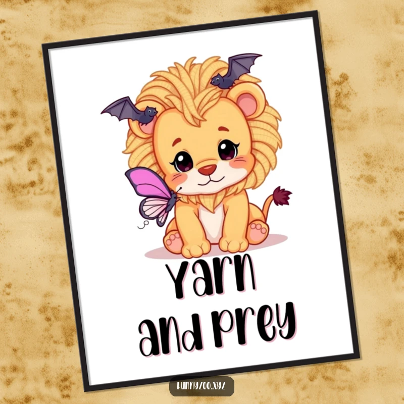 Funny poster featuring a playful lion cub with a fluffy yarn mane, reaching out to bat at a butterfly.