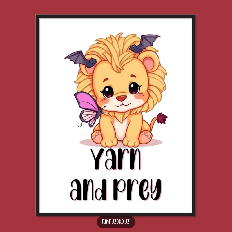 Funny Lion Cub Poster: Playful Yarn Mane Art - Adorable Butterfly Chase