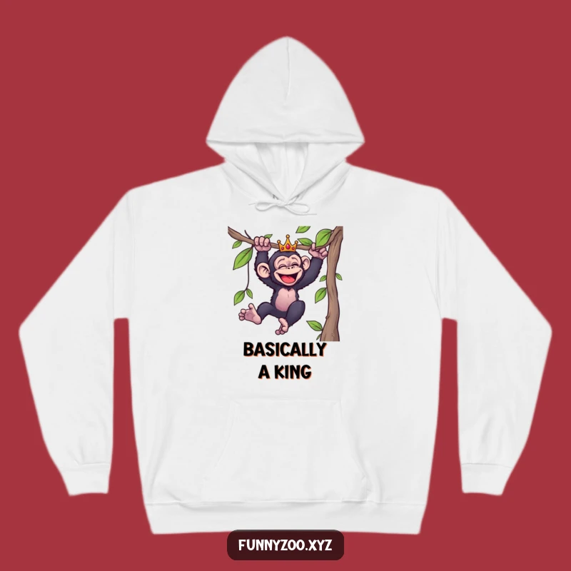 Funny Crowned Chimp Hoodie: Cozy and Hilarious Primate Swinging Gift for Cold Days