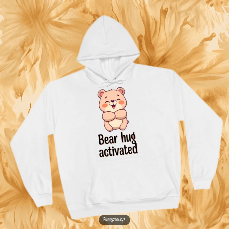 Funny cheerful bear hoodie, showing a bear offering a big, warm, and happy hug, ideal for cozying up.