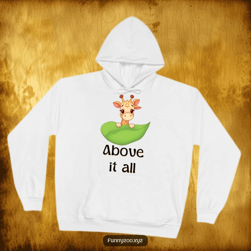 Funny Giraffe Hoodie giggling and peeking over a giant leaf, offering comfort and playful vibes, an ideal funny gift.