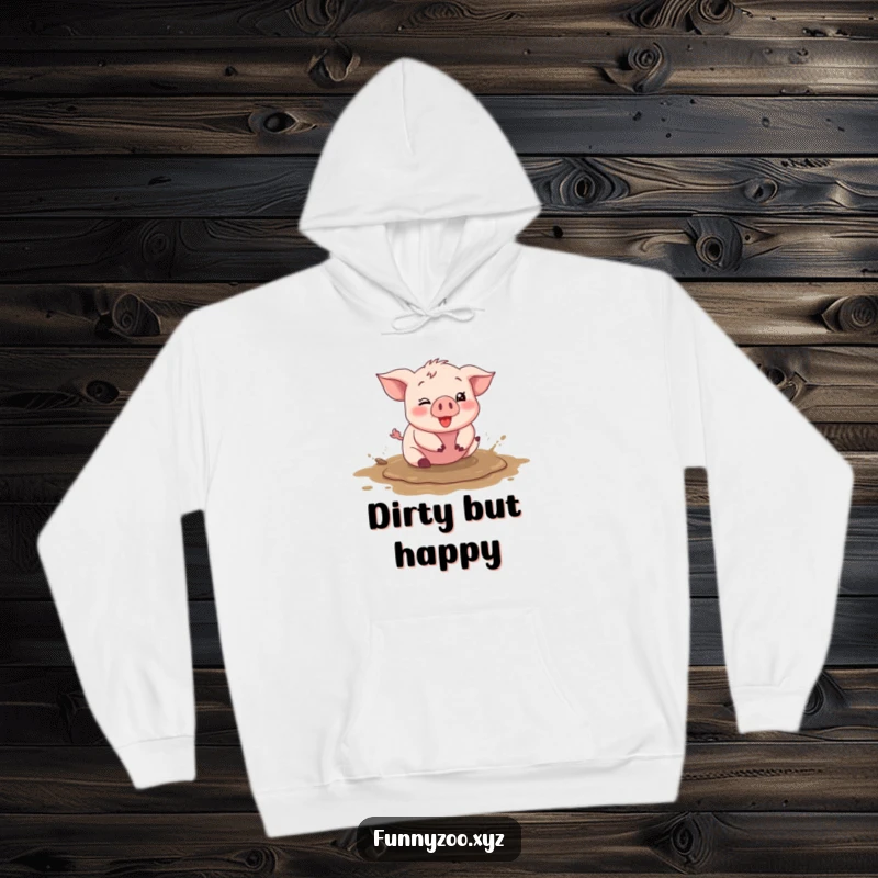 Funny piglet hoodie, character happily rolling in a mud puddle, cozy and warm, excellent funny gift.