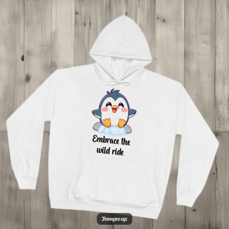 Funny Penguin Waterfall Hoodie a surprised penguin with slicked feathers laughs while sliding down a waterfall, offering cozy comfort and a dose of thrilling humor.