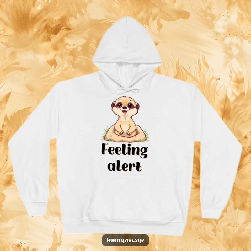 Funny Hoodie showing a happy meerkat emerging from its burrow, offering cozy comfort and humorous animal art for a delightful gift.