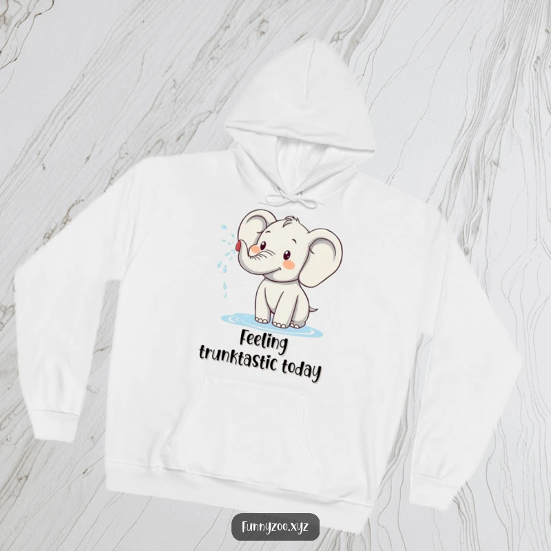 Funny elephant hoodie showcasing a happy elephant character joyfully spraying water, designed for ultimate comfort and a dose of humor.