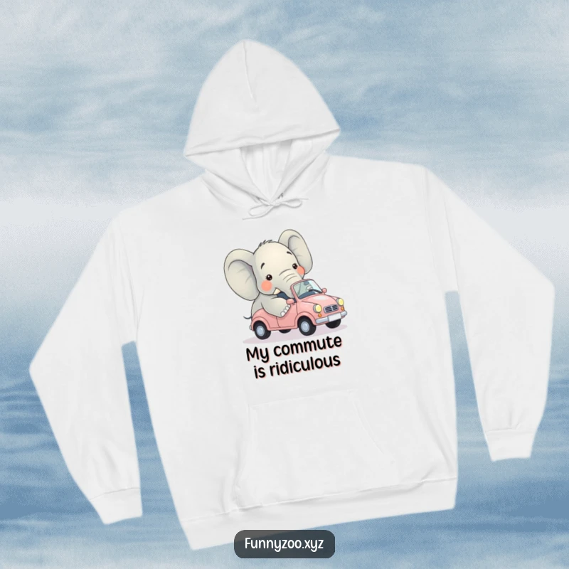 Funny hoodie showcasing a massive elephant comically wedged into a minuscule car, radiating confusion and hilarity.