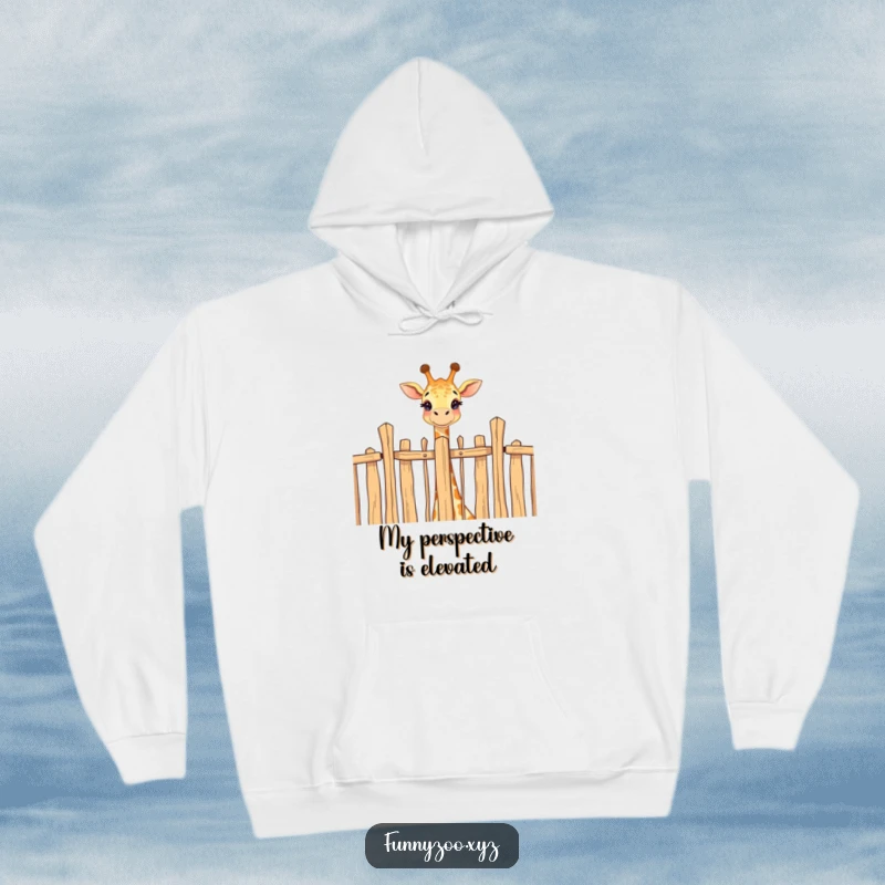 Funny hoodie depicting a tall giraffe's head curiously peering over a fence, embodying playful observation and comfort.