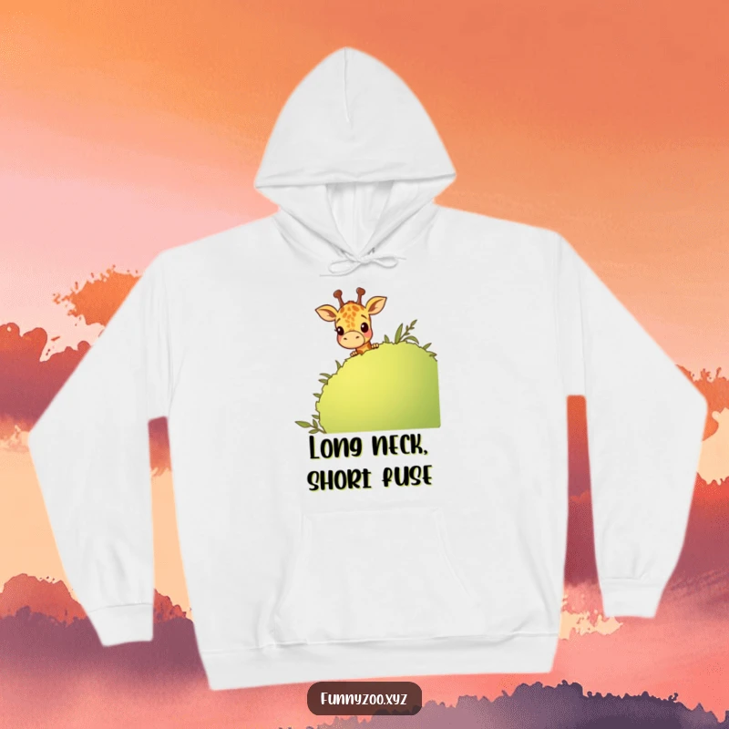 Funny giraffe character playfully peeking over a tall cartoon bush, offering warmth and humor in a cozy hoodie.