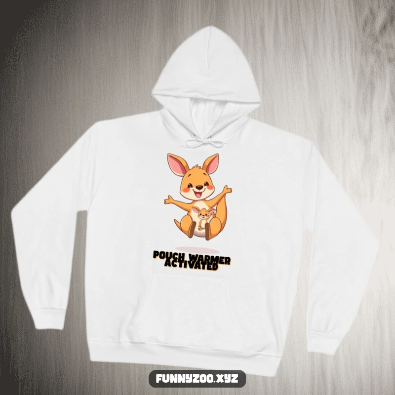 Funny Kangaroo Hoodie: A cheerful kangaroo mom bouncing energetically with her joey safely in her pouch, radiating pure unadulterated happiness.