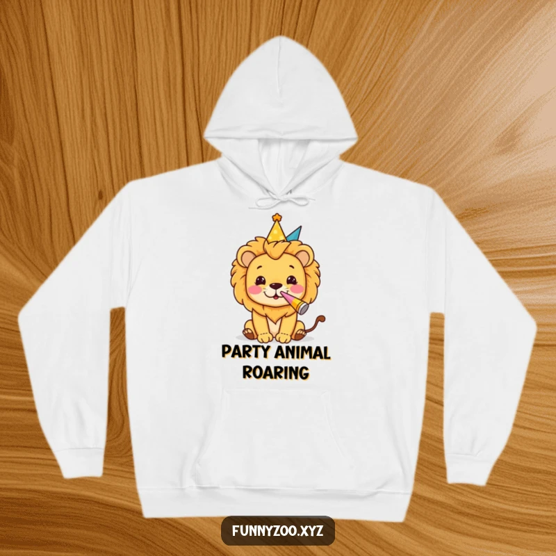 Funny hoodie featuring a lion character in a party hat blowing a party horn, offering cozy celebration vibes.