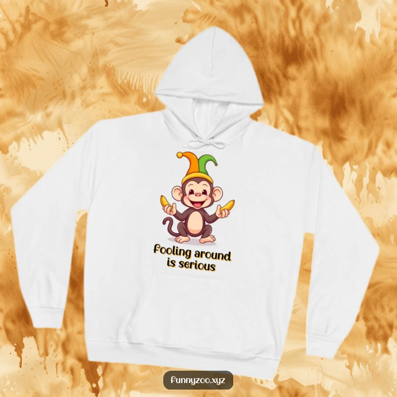 Funny Monkey Jester Hoodie a silly monkey sporting a jester hat juggles bananas, offering cozy comfort and a dose of whimsical, hilarious fun.