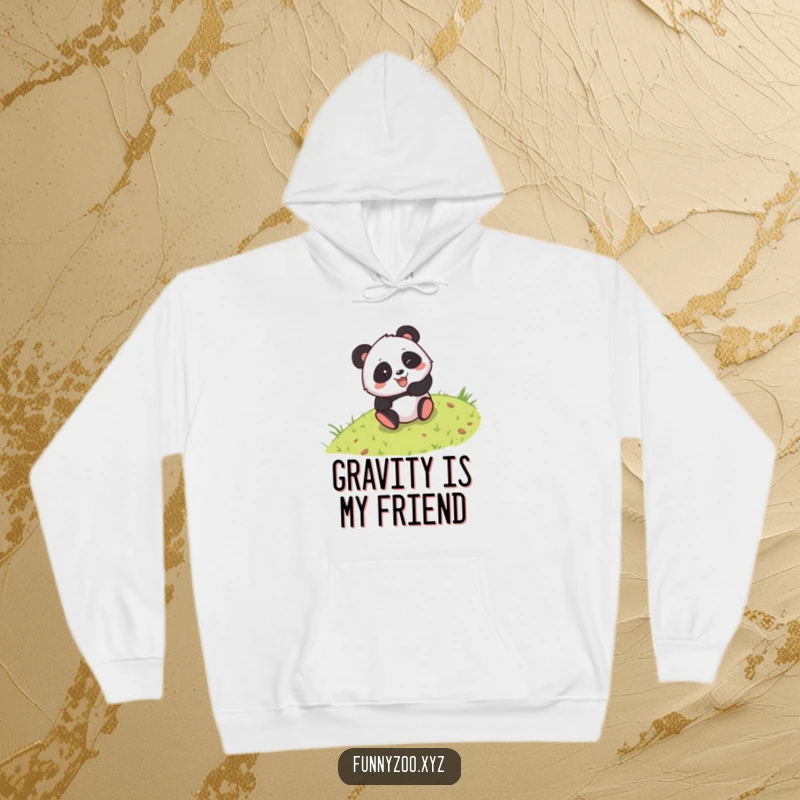 Funny hoodie with a mischievous panda rolling down a grassy hill, offering warmth and a hearty dose of cartoonish, playful energy.