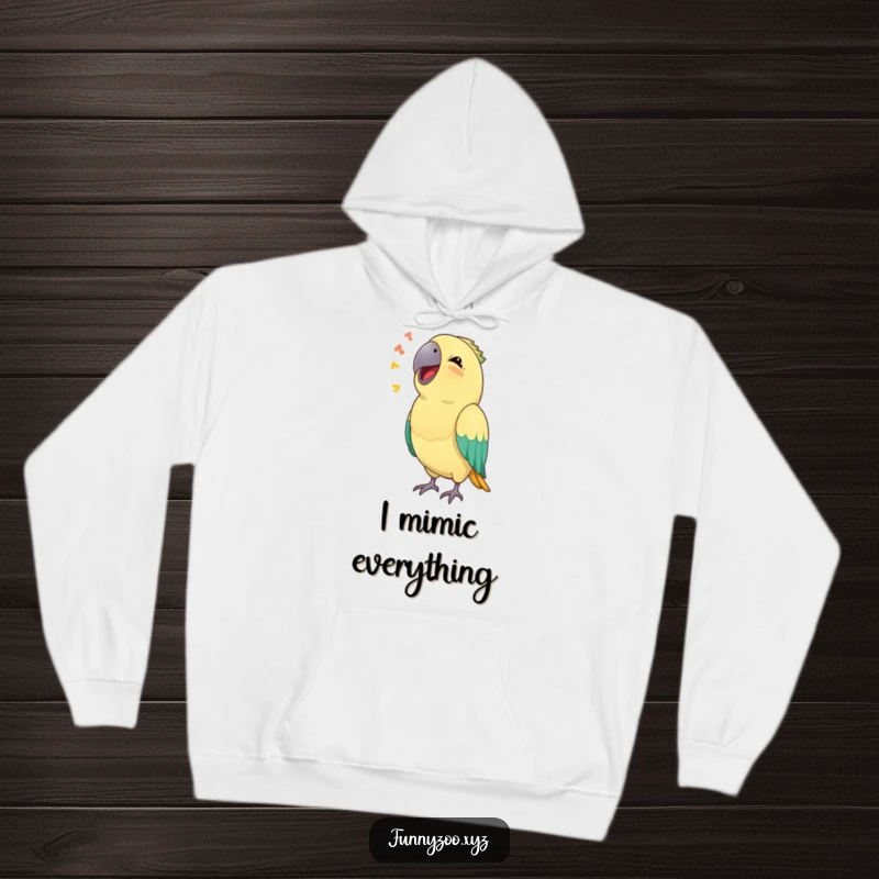 Funny hoodie design of a parrot engaged in comical sound mimicry, perfect for fans of clever avian humor.