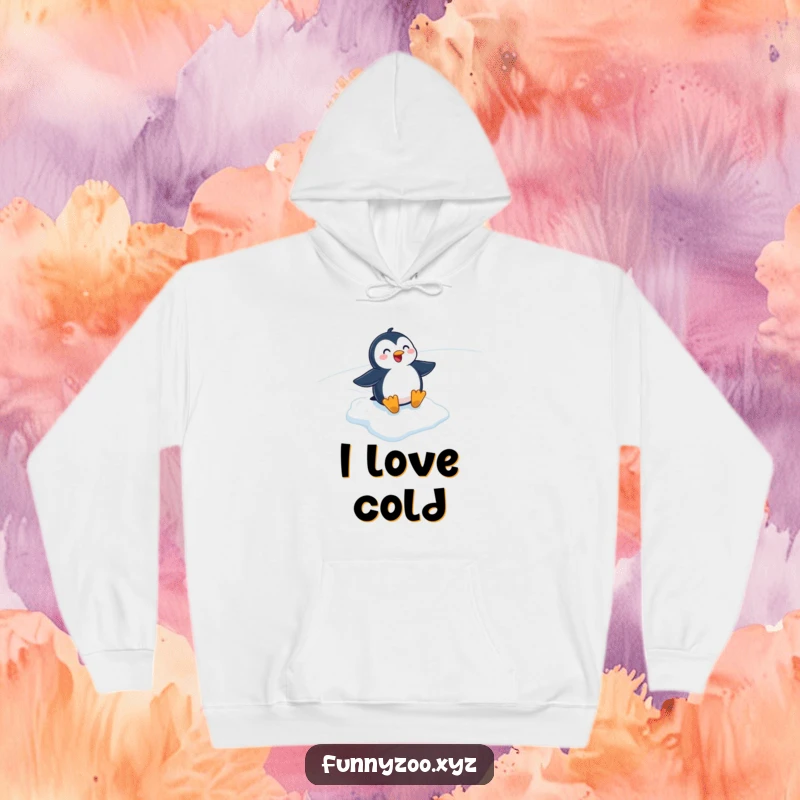 Funny cartoon penguin sliding down an icy hill, featured on a warm and comfortable hoodie. Perfect for winter.