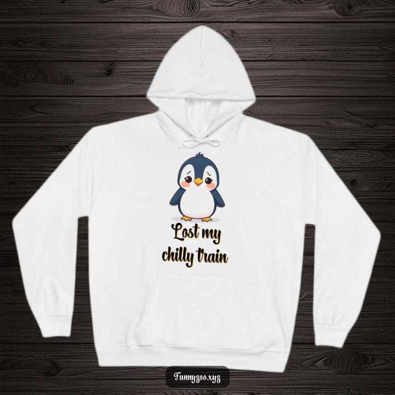Funny hoodie showcasing a penguin waddling with a hilariously confused expression, offering warmth and whimsical charm.
