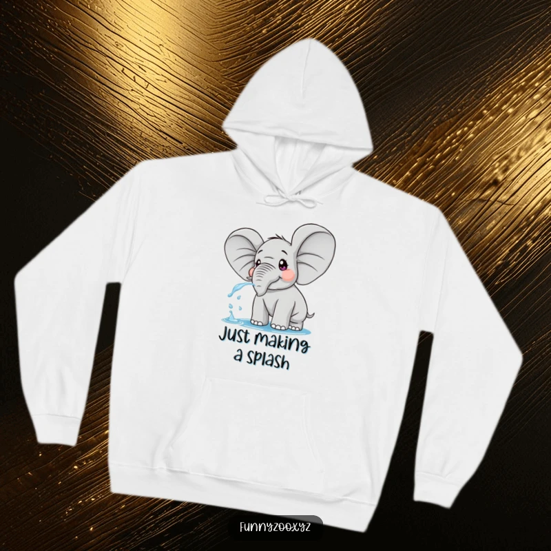 Funny hoodie featuring a surprised elephant with oversized ears, playfully spraying water, combining comfort and humor.