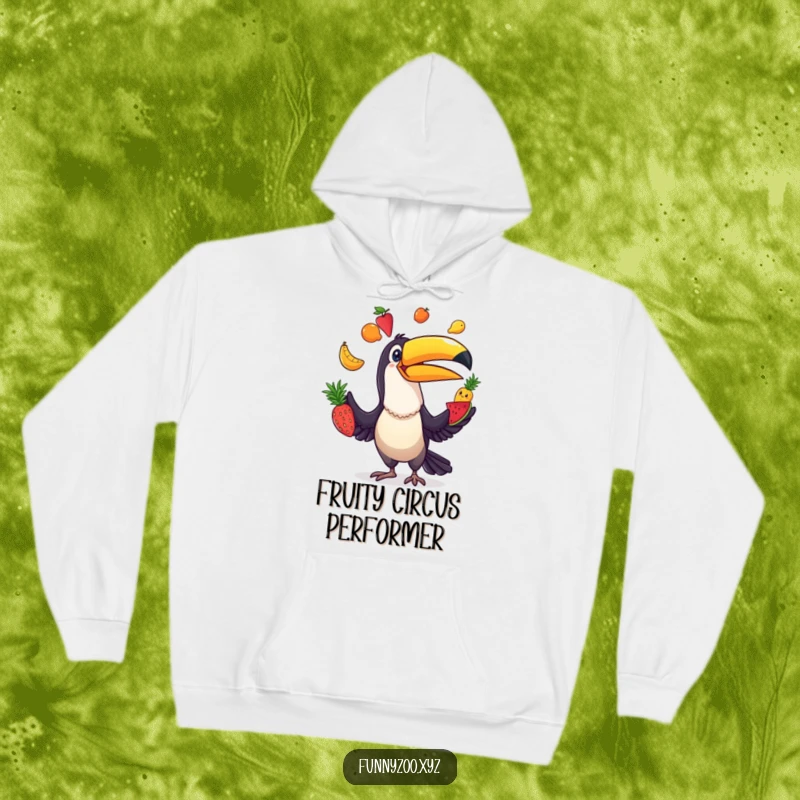 Funny Toucan Juggler Hoodie: Comfortable hoodie featuring a comical toucan juggling colorful fruits with impressive skill.
