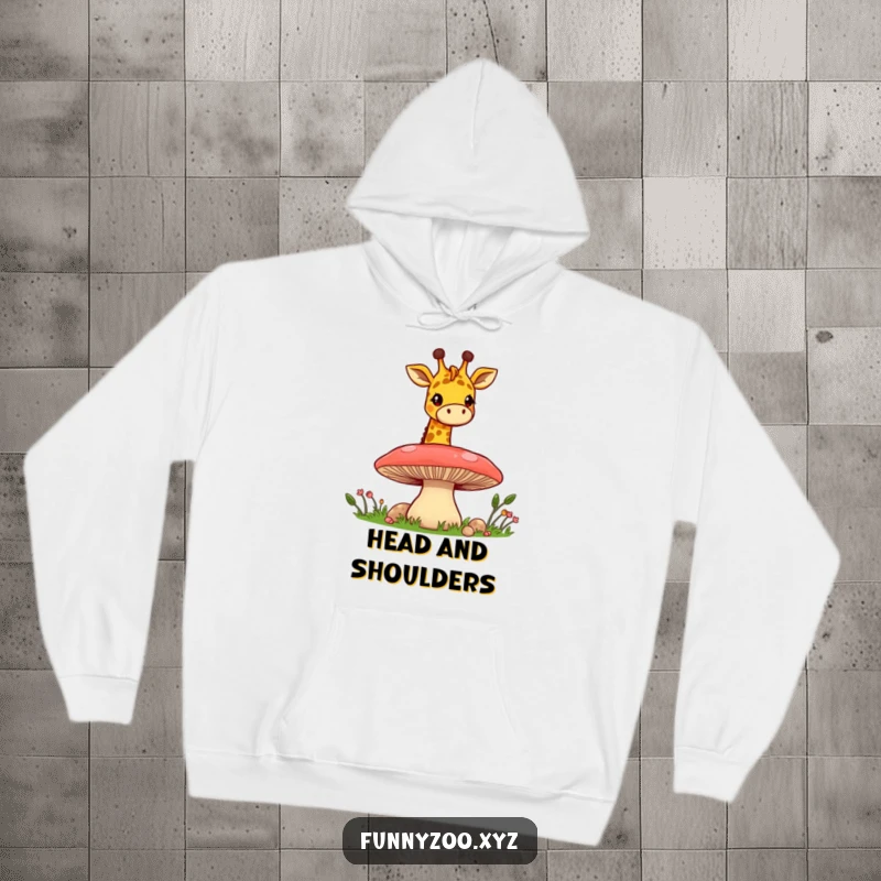 Funny Giraffe Mushroom Peek Hoodie: A cozy hoodie featuring a cheerful giraffe peeking over a giant mushroom, perfect for whimsical comfort.