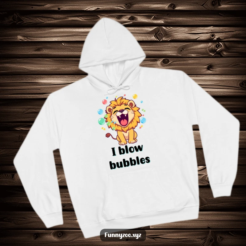 Funny lion hoodie depicting a playful character roaring and blowing colorful bubbles, perfect for cozy, whimsical enjoyment.