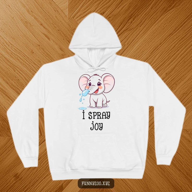 Funny cartoon elephant spraying water from its trunk, featured on a warm and comfortable hoodie. A splash of fun.