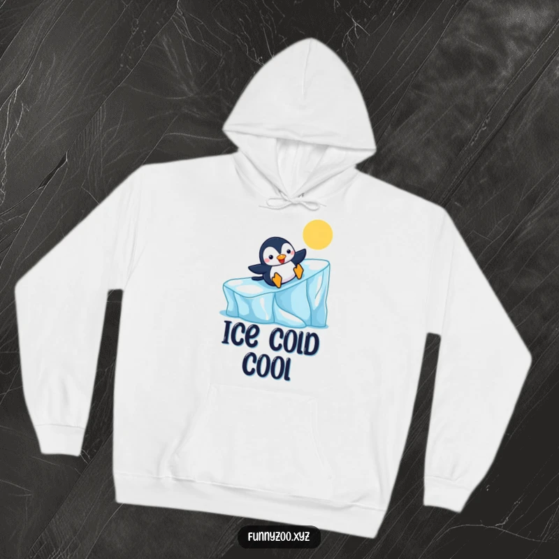 Funny Penguin Hoodie sliding down a colorful iceberg, offering warmth and cheerful vibes, an ideal funny gift.