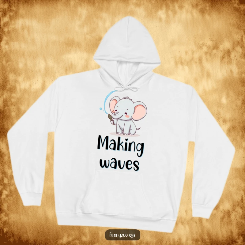 Funny elephant hoodie with a joyful character playfully spraying water, creating a fun and cozy vibe.