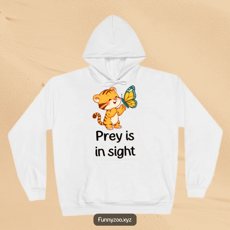 Funny Tiger Hoodie: A tiger is comically batting at a large butterfly hanging from a string.