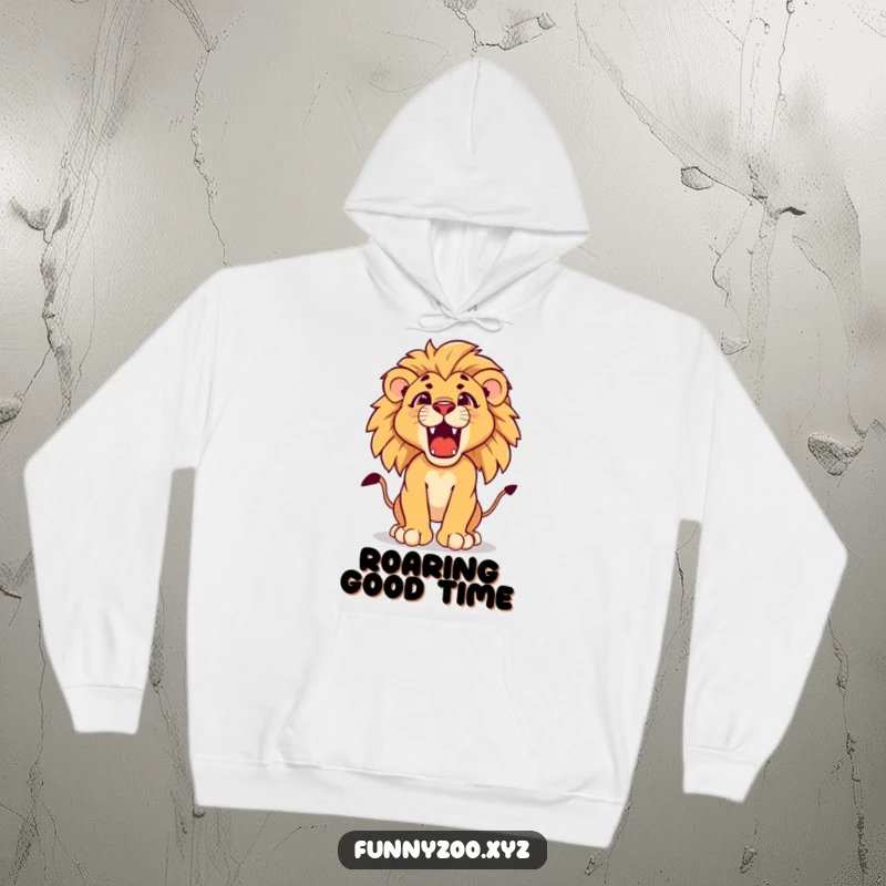 Funny lion cub hoodie showing a determined young lion cub cub practicing its majestic roar, offering warmth and inspiration.