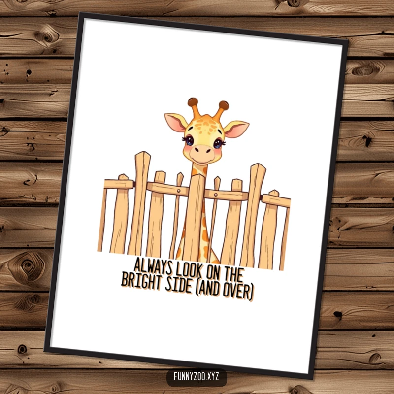 Funny Free Printable Wall Art: A cheerful giraffe's head peeking over a tall fence, bringing a sense of wonder and joy.