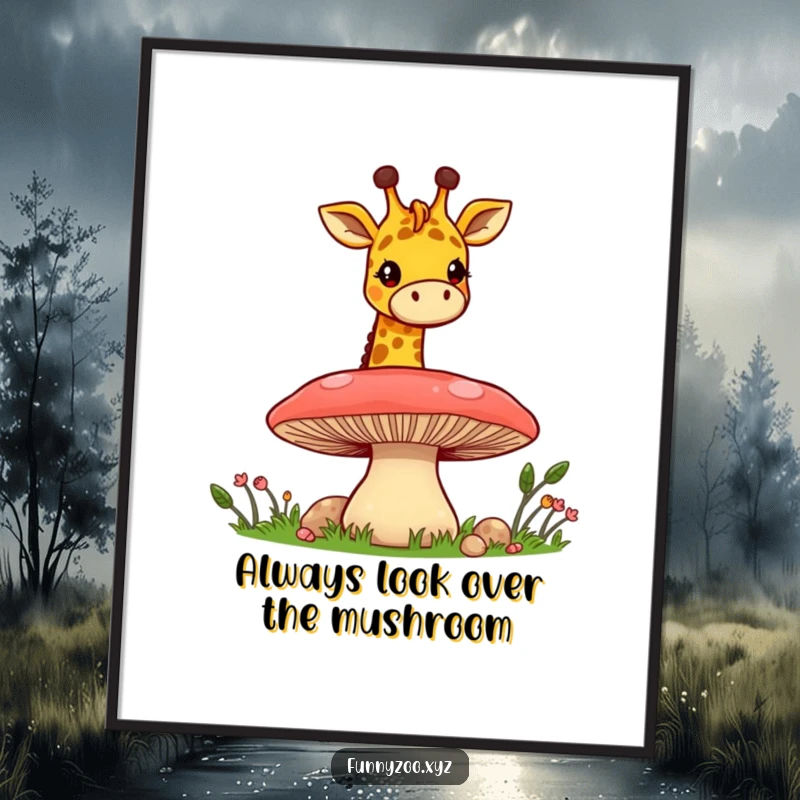 Funny Free Printable Wall Art: Cheerful giraffe with a long neck playfully peeking over a giant mushroom.